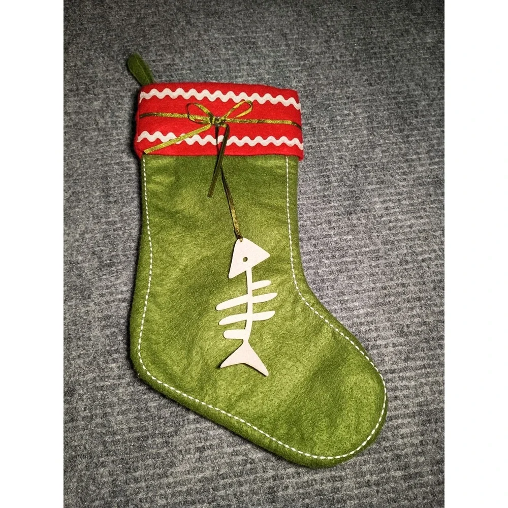 Red, Green, And White Stocking With A Fish Bone